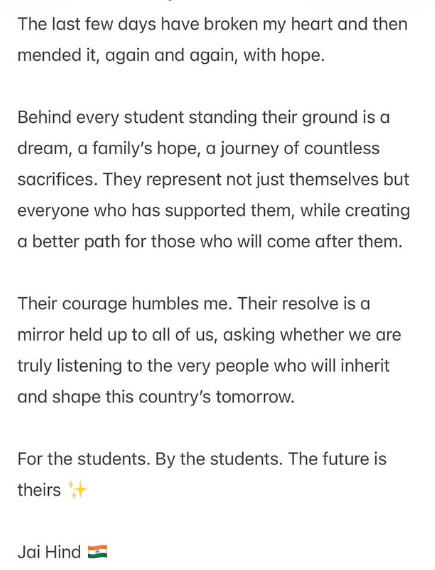 Alia Bhatt post on Student Protest