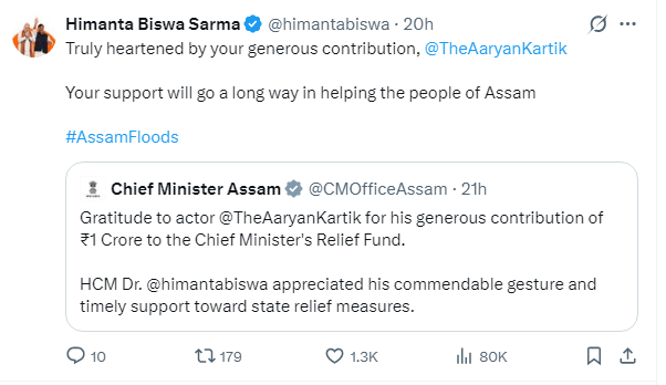 kartik aaryan donated for assam flood